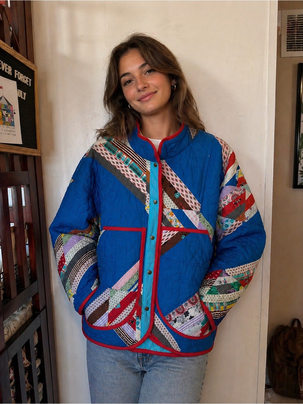 Quilted Patchwork Jacket in Bright Blue with Multi-Color Stripes
